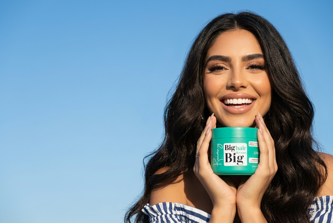 Femme souriante tenant le masque Rosemary sous un ciel bleu