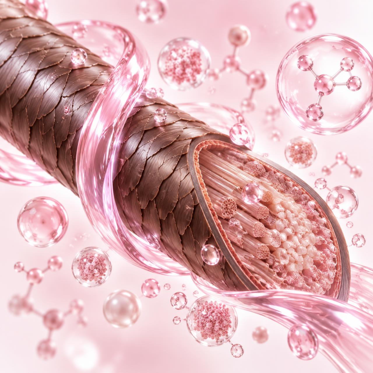 Fibre capillaire en gros plan enveloppée d'un sérum rose, kératine et protéines