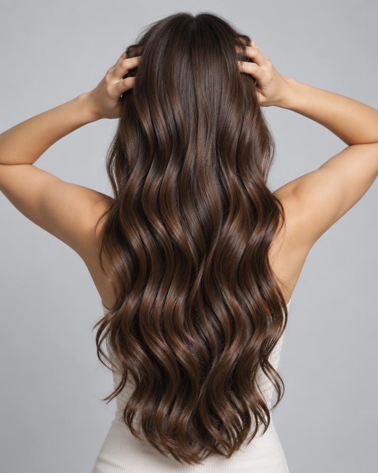 Cheveux longs bruns brillants et sains